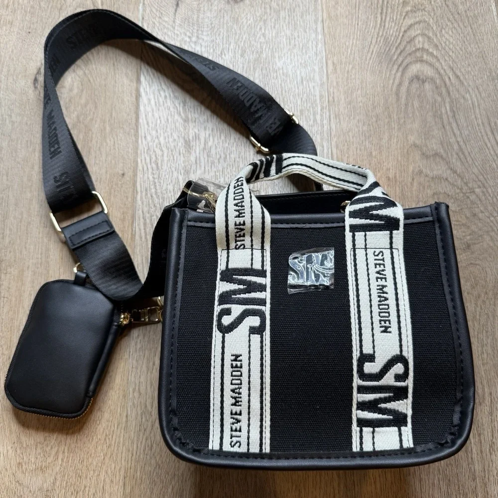 Steve Madden Bwebber Convertible Tote Bag  Black‎ White Hardware NWOT